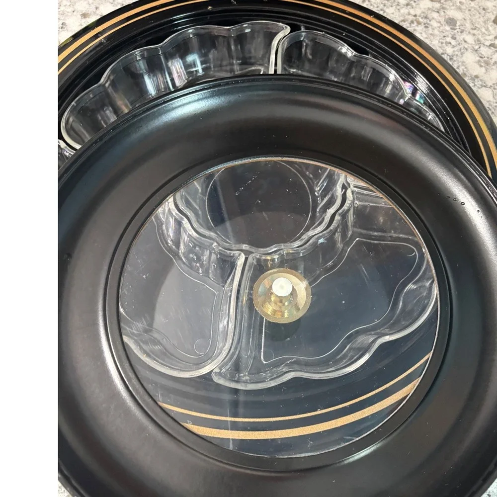 Vtg Lacquerware Black Round‎ Serving Platter Divided Compartments Japan Decor